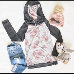 Floral Hoodie size Medium Gray Charcoal Pink